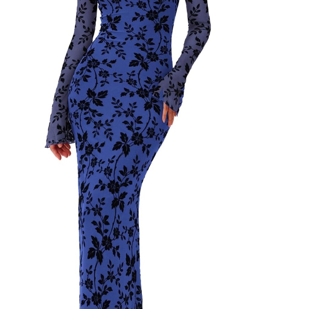 NEW Long Sleeve Blue Floral Mesh and Velvet Dress